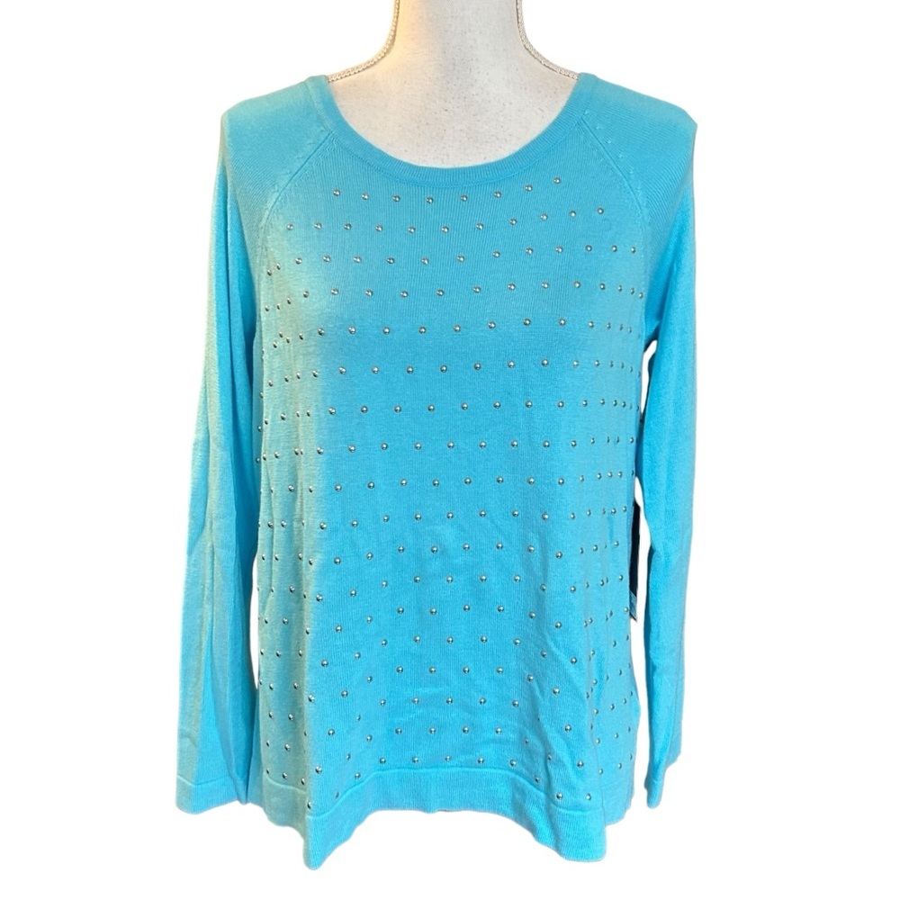 Jennifer Lopez Mediterranean Winter Studded Sweater SZ Large Blue Knit Fall NEW
